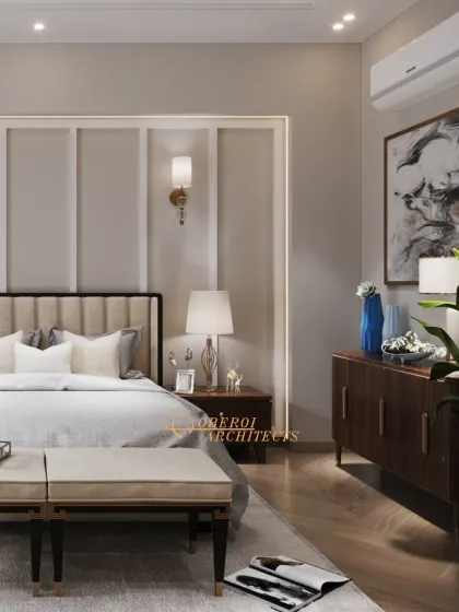 This view highlights the elegant credenza and abstract art, which add a layer of sophistication and storage to the serene space.