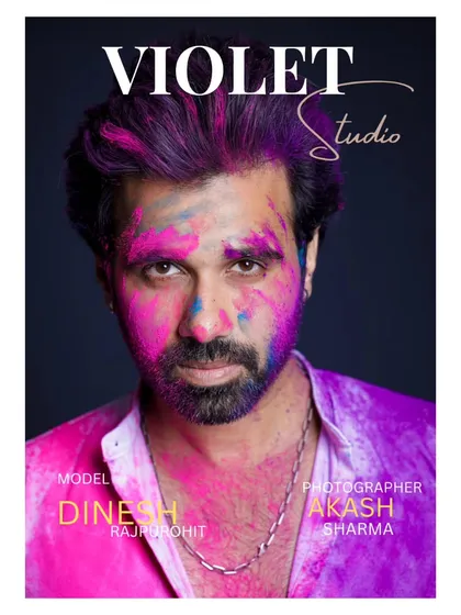 A magazine cover for a men's Holi fashion feature. This shot captures a raw, intense look, with colored powder adding texture and drama to a powerful portrait.