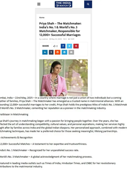 Various publications like India Times, India Today, Ahmedabad Mirror, and The Hindustan Express have featured my success in arranging over 12,000 marriages. They recognize me as India's No. 1 and World's No. 3 Matchmaker, cementing my reputation as a pioneer in the industry.