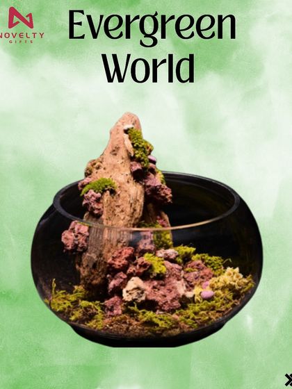 The 'Evergreen World' terrarium captures a tiny, self-sustaining world within a spherical glass bowl. This makes for a fascinating and eco-friendly corporate or personal gift.