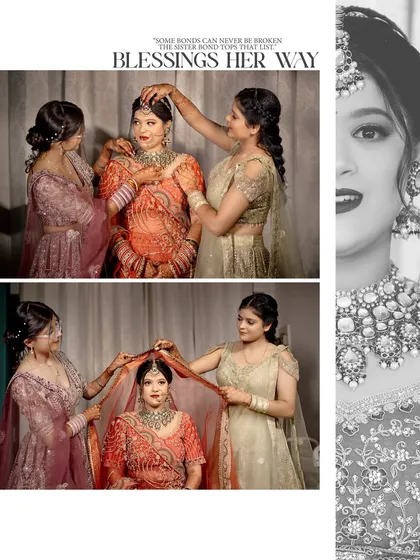 A collage showing the bride getting ready with her sisters. These images capture the special bond and the traditional moments of blessings before the main ceremony.
