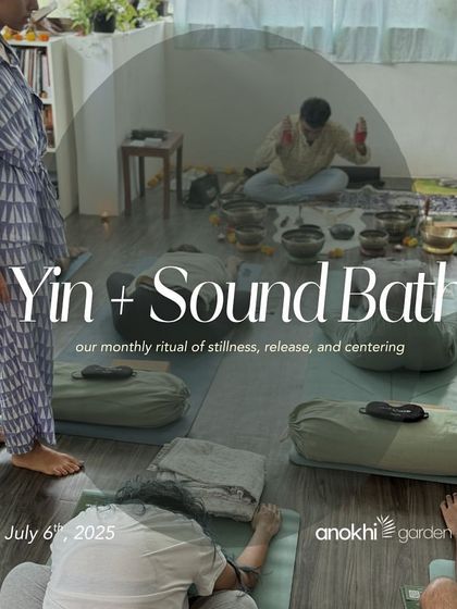 Participants relax in a supported pose during our monthly Yin + Sound Bath ritual. This session is a moment of stillness, release, and centering, perfect for anyone needing to take a break from city life.