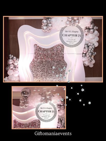 A detailed view of the personalized backdrop for the "Chapter 75" birthday celebration. The design incorporates a modern, layered structure with a sparkling central panel and a custom circular emblem marking the special occasion.