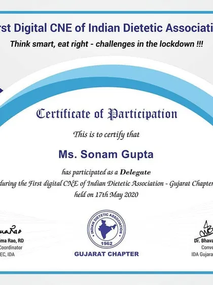Continuous learning is essential in the field of dietetics. This certificate from the Indian Dietetic Association's 'Think smart, eat right' program reflects my commitment to staying updated on the latest nutritional science, especially for challenges like lockdown health.