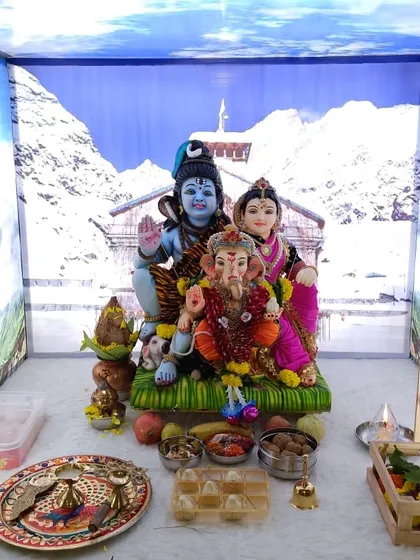 We bring your creative visions to life with unique themed decorations. This 'Mount Kailash' setup for a home Ganpati celebration transports you to the Himalayas, creating a divine atmosphere for Lord Ganesha, Shiva, and Parvati.