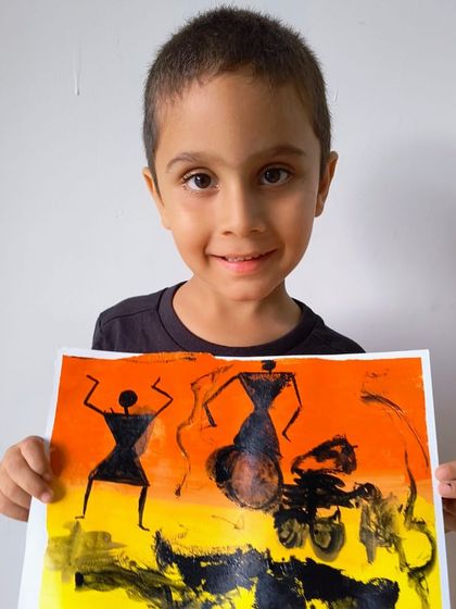 A younger student's expressive and energetic take on Warli art, capturing the movement and joy of the traditional style.