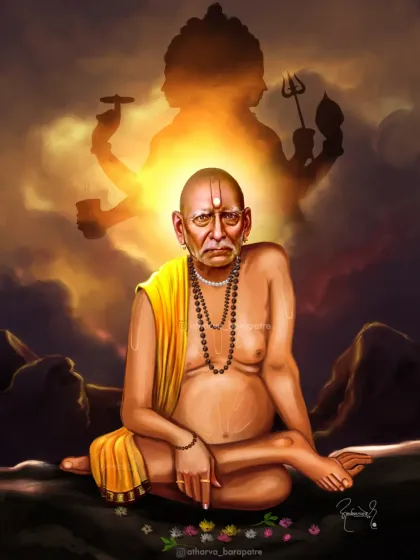 A portrait of Shri Swami Samarth of Akkalkot, seated in meditation. In the background, a subtle silhouette of Lord Dattatreya signifies his divine origin, a concept I wanted to explore in this piece.