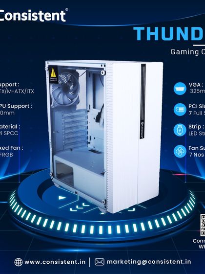 The Thunder gaming cabinet offers a minimalist white design with a side tempered glass panel and a subtle front LED strip. It supports up to seven fans and comes with three fixed RGB fans included, making it a great choice for a clean and cool ATX build.