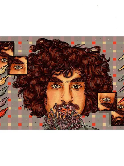 A portrait of Brazilian musician Sessa for a Bandcamp feature. The artwork deconstructs his face into smaller panels, reflecting the intricate and intimate nature of his music.
