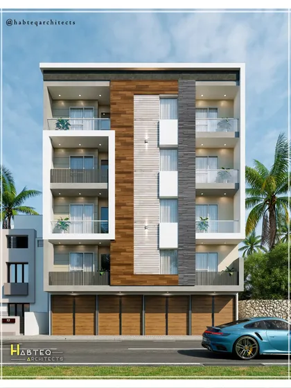 A straight-on view of the 43-foot wide residential building design. The facade is defined by a large white frame on the left, creating an asymmetrical balance with the mixed-material column on the right.