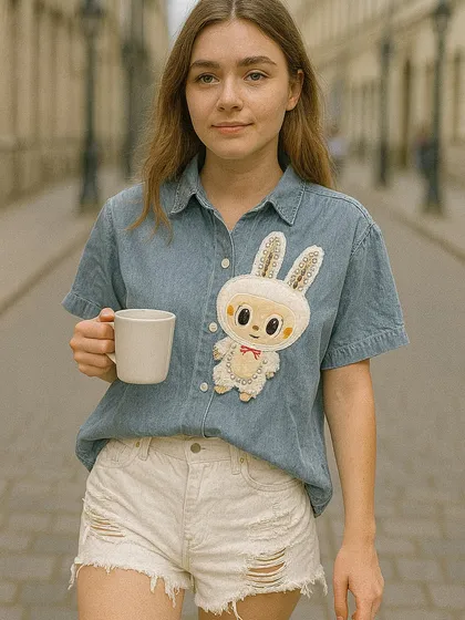 For a unique twist on two trends, we have this short-sleeved denim shirt featuring a large, textured Labubu bunny patch. It's a playful and quirky piece that combines classic denim with collectible character fashion. Pair it with distressed white shorts for a cool, laid-back summer outfit.
