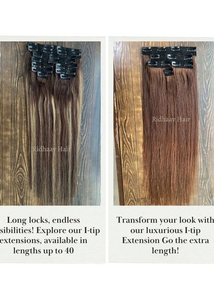 A collage showcasing different colors of our I-Tip extensions, from dark brown to auburn, highlighting the endless possibilities.