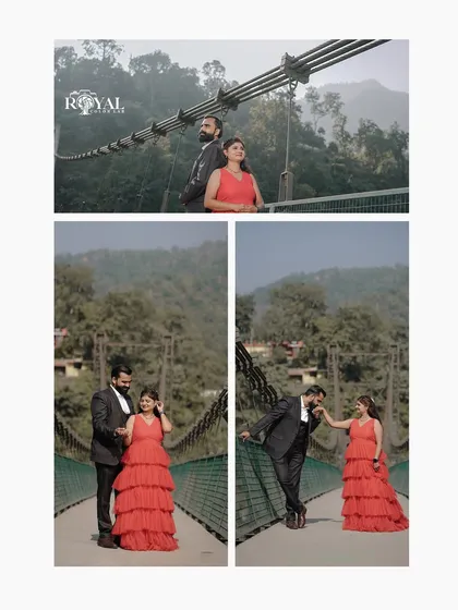 This collage showcases a variety of poses on the bridge, from formal stances to a playful, chivalrous gesture.