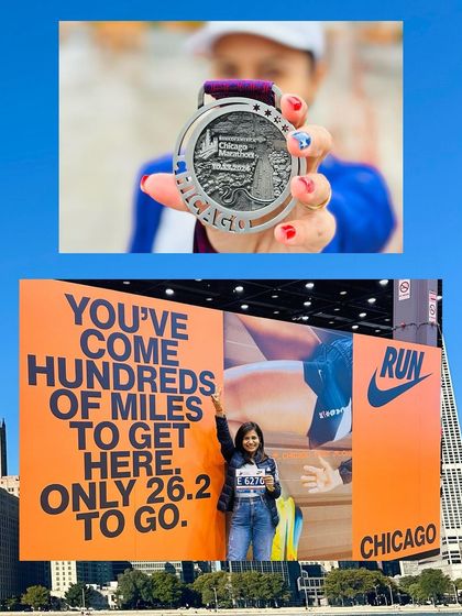 "You've come hundreds of miles to get here. Only 26.2 to go." This Nike sign in Chicago perfectly captured the marathon journey. Posing here with my hard-earned medal.