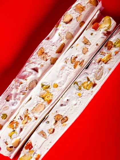 My handmade Nougat is a classic Franco-Italian Christmas treat, chewy and packed with nuts and dried apricots.