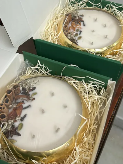 Another view of our 6-inch premium metal urli candles packed and ready to go. These make for impressive and elegant gifts.