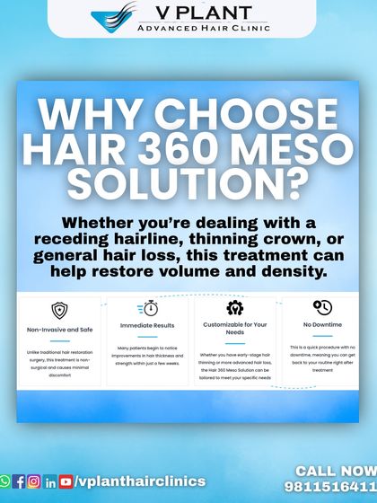 Our Hair 360 Meso Solution is a non-invasive and safe treatment for hair loss. It is designed to deliver immediate improvements in hair thickness and strength with no downtime, and can be customized for early stage hair loss or more advanced thinning.