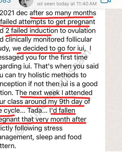 After failed inductions and follicular studies, this student was about to go for IUI. She attended my class and fell pregnant that very month by following my guidance.