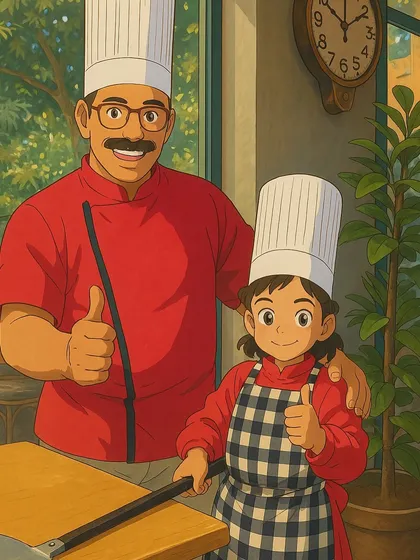 This Ghibli-inspired artwork perfectly captures the spirit of my workshops, showing a proud chef and a young apprentice ready to cook.