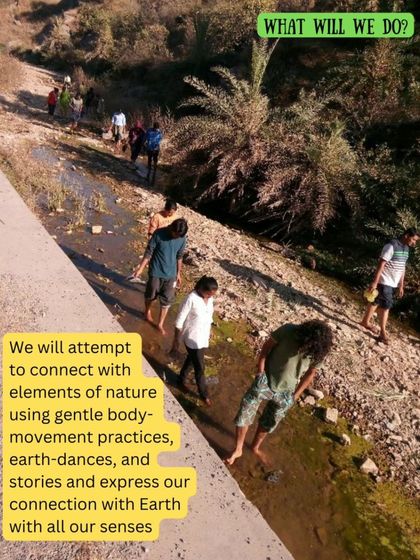 What do we do in the Earth-Based Movement workshop? This image explains how we connect with nature using gentle body-movement practices, earth-dances, and stories to express our connection with all our senses.