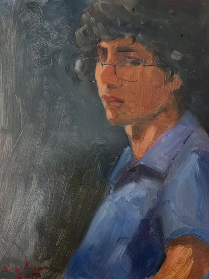A close-up of the finished oil portrait of Ember, completed during a five-and-a-half-hour live session. Painting Ember was a delight, and I focused on capturing the gentle expression and the texture of their hair.