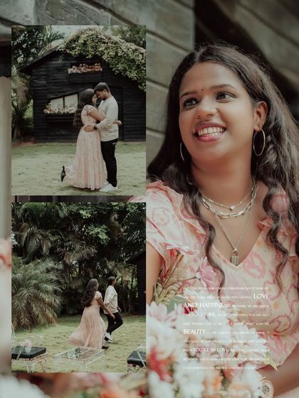 A collage of a couple's pre-wedding shoot, capturing their romantic dance and the bride's joyful expression.
