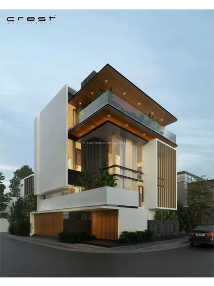'Out of the Box' is an upcoming residential project in South Bangalore. This render illustrates our design for a compact urban plot, using vertical massing and interlocking volumes to create a spacious and light-filled home.