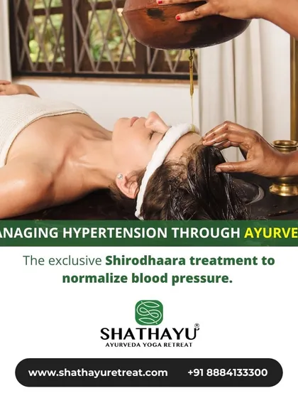 Shirodhara is one of our cornerstone treatments for managing stress and hypertension. This therapy involves a continuous, gentle stream of warm medicated oil poured over the forehead, which calms the entire nervous system and promotes deep mental stillness.