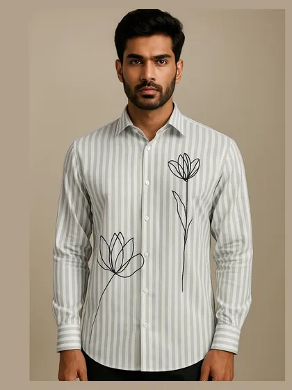 A full medium shot of the striped floral shirt, presented in a framed format for a polished lookbook feel.