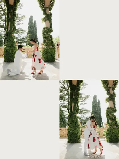 A two-part image capturing a proposal moment in a beautiful Italian garden. The groom is on one knee, and then they embrace, telling a short, powerful story of a life-changing question.