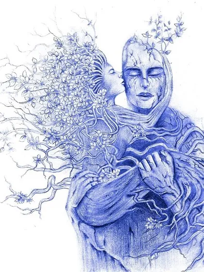 An old ballpoint pen drawing I did. This piece explores themes of love and connection with nature, showing two figures made of tree branches and flowers embracing.