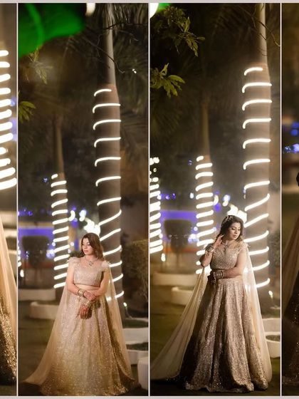 A collage of the bride's full-length portraits from her engagement night, showcasing her beautiful gown against a backdrop of twinkling lights.