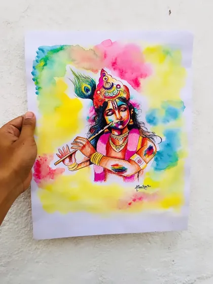 The completed Krishna painting, showcasing the playful splash of colors and the peacock feather, symbols of Holi and the Lord himself.