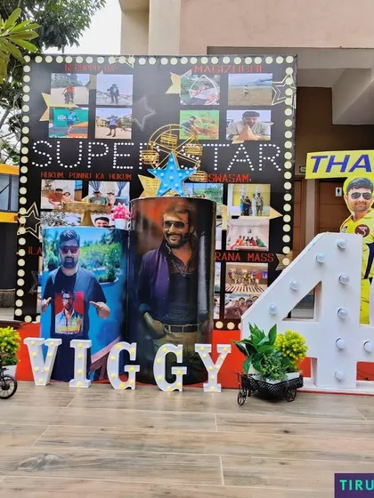 As a proud Bangalore decorator, I love adding a local touch. This Rajinikanth themed 40th birthday, complete with an auto rickshaw prop and superstar cutouts, was a tribute to the one and only Thalaivar.