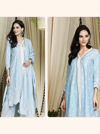 A studio look at the Ophelia Kurta Set. You can see the unique scalloped hem and the delicate embroidery that makes this piece a standout.