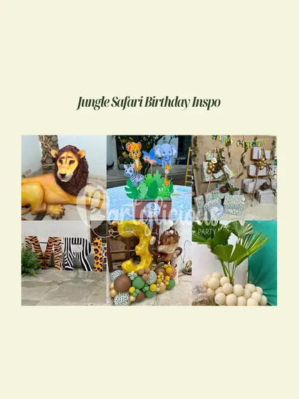 This mood board provides a snapshot of our Jungle Safari birthday inspiration. It shows various elements we offer, from large props and custom name signs to detailed balloon bouquets and table centerpieces.