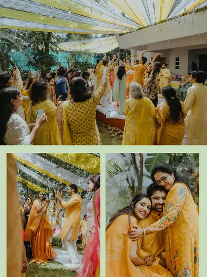 A collage of candid moments from an intimate home Haldi function, capturing the warmth of family and the joy of the celebration.