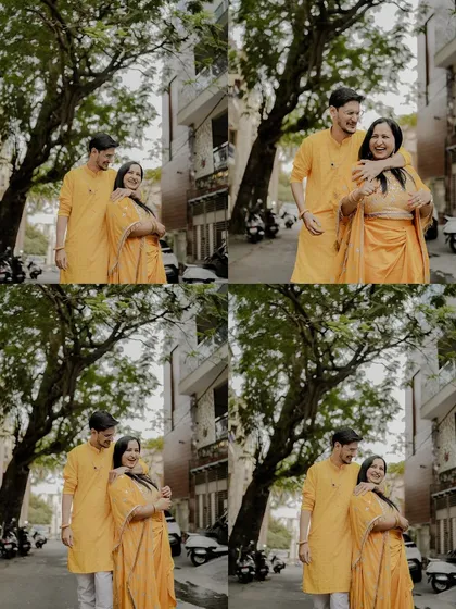 A collage of a couple in their vibrant yellow Haldi outfits. I capture both posed and candid moments to document the happiness and love during these special pre-wedding celebrations.