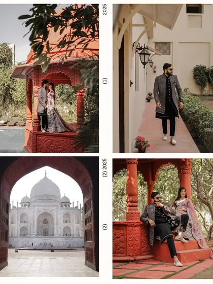 A mood board from a royal Agra pre-wedding shoot, featuring shots from the Taj Mahal and the Grand Imperial Hotel.