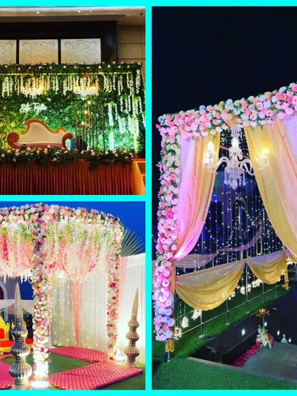 A quick look at our versatility. This collage shows three completely different styles we've created: a lush green foliage stage, a dreamy pink floral mandap, and a grand entrance arch, showcasing our ability to bring any wedding theme to life.