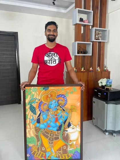 Another shot with the completed Krishna painting, just before it went to its new home.