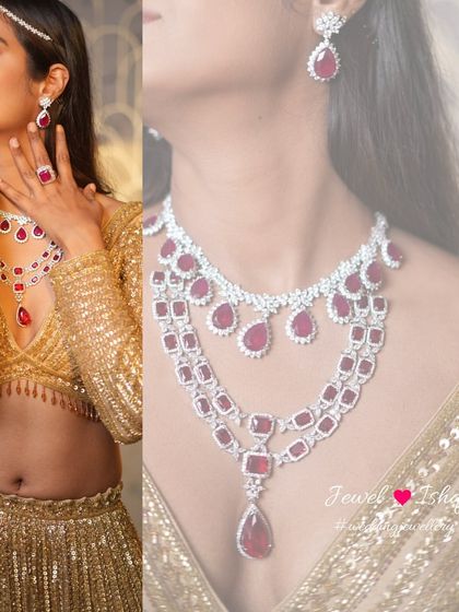 A closer look at our ruby and diamond masterpiece. The combination of brilliant-cut diamonds and deep red rubies creates a rich, luxurious feel. This is a perfect example of a statement necklace that is both bold and timeless.