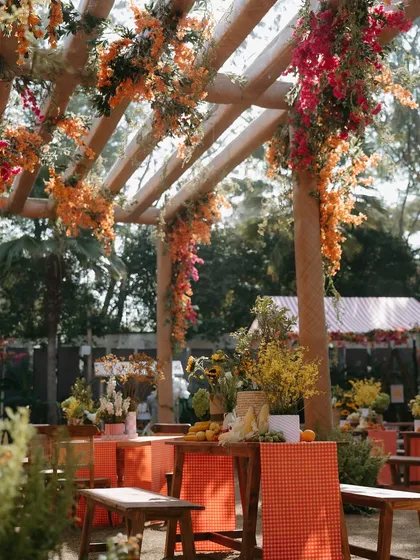Another view of the colorful picnic area, showing how we use natural elements and bright textiles to create a festive outdoor setting.