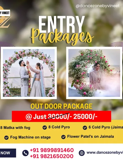 Our outdoor entry package offers incredible value. It includes matkas with fog, cold pyros for the entry and Jaimala, a fog machine on stage, and a flower petal effect for a complete and magical experience.