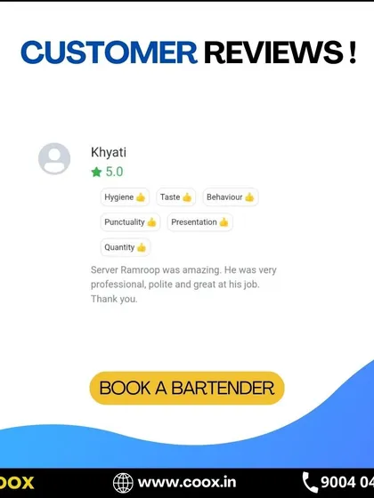 A 5-star review from a happy customer, Khyati, who praised her server's professionalism, politeness, and great service. I value every piece of feedback I receive.