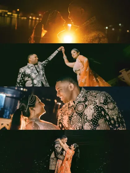 A collage of romantic moments from a Sangeet in Udaipur. The couple dances against the backdrop of the lake and city lights, creating a series of glamorous and intimate portraits.