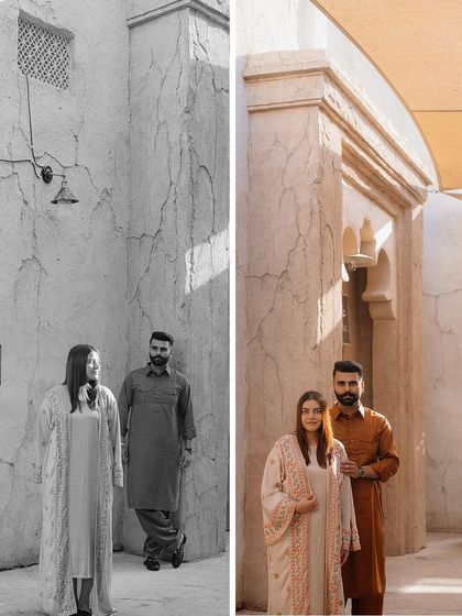 A creative split-image showing both a black and white and a color version of their portrait, highlighting the timeless feel of the location.