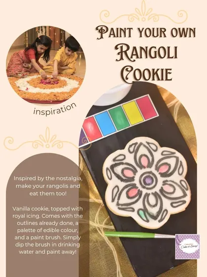 A Paint-Your-Own Rangoli Cookie kit for Diwali. It comes with an outlined vanilla cookie, an edible paint palette, and a brush so you can make your rangolis and eat them too!