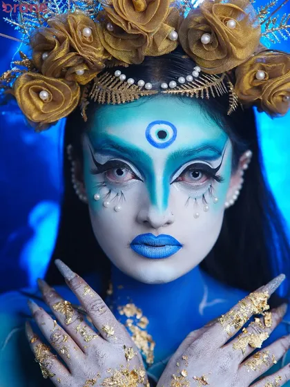 A striking close-up that focuses on the eyes and the symbolic third-eye design, demonstrating precision and artistry.
