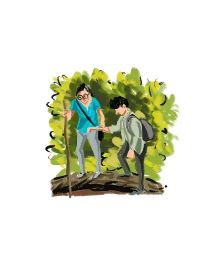 An illustration showing the camaraderie of a nature walk, as one person helps another cross a log.